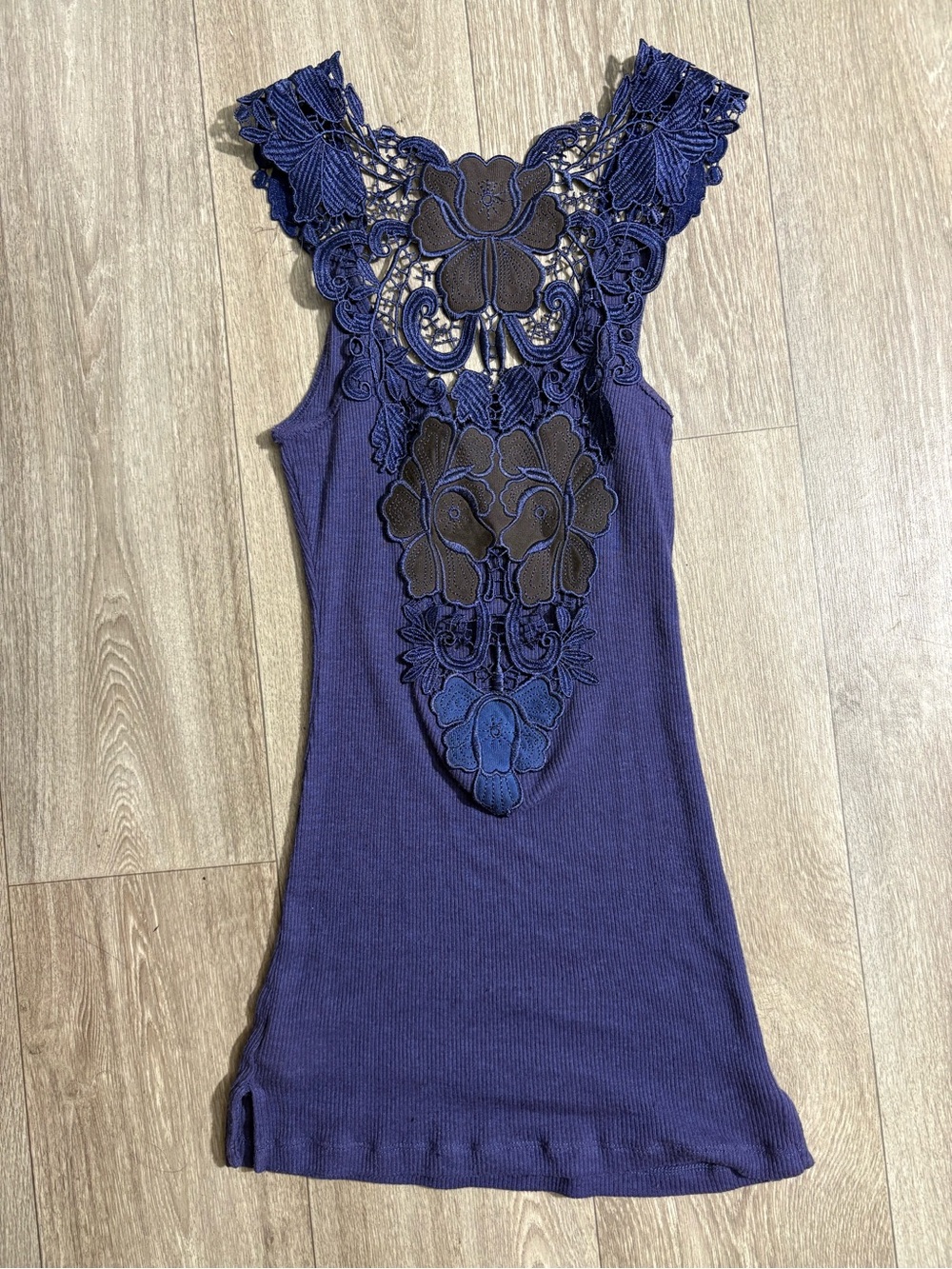 Lace-Back Ribbed Tank Top - Navy - Picture 3 of 4